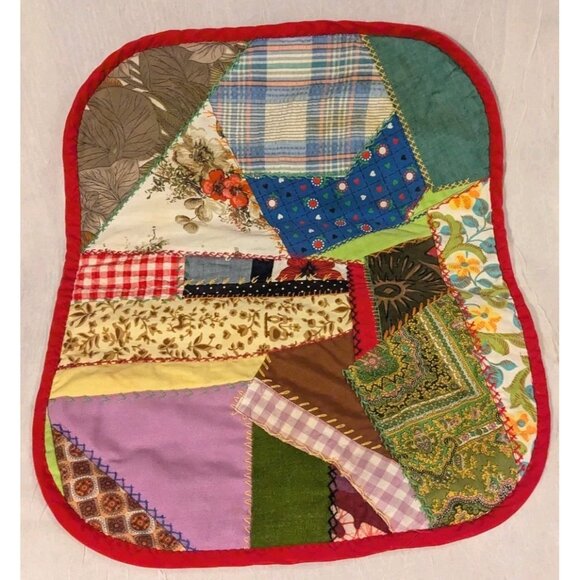 Crazy Quilt Placemats Handmade Patchwork Maximalism Retro Set Of 4 Vtg 70s Red - Picture 3 of 16